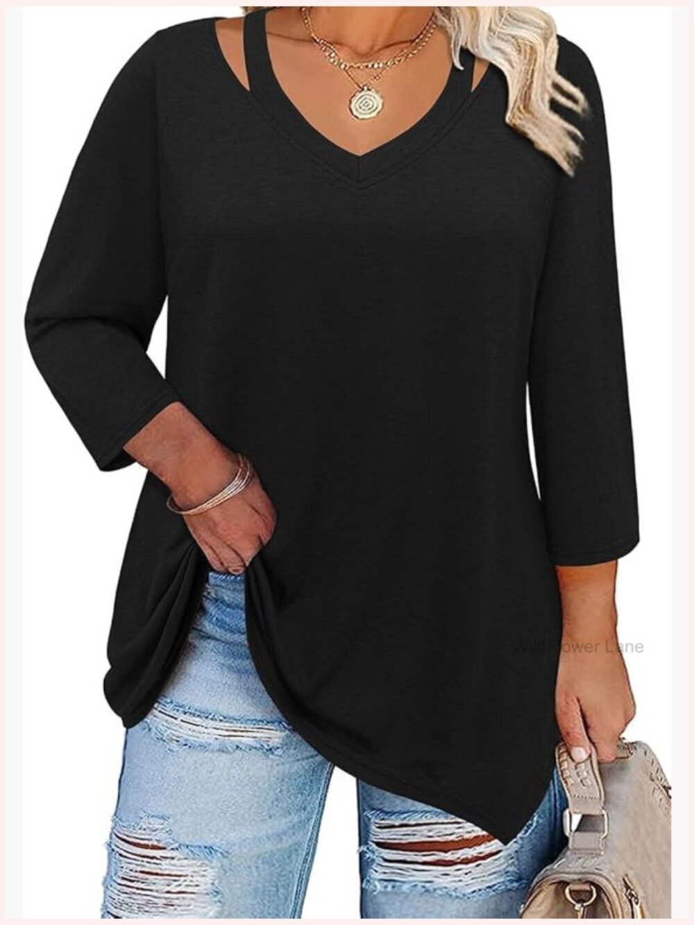 Plus Size Cold Shoulder V Neck Tunic Top with Pockets 3/4 Sleeve